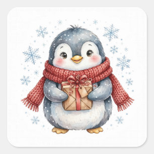 Autocollant Cadeau de Noël Pingouin Présent