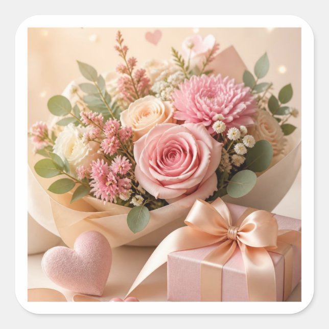 Autocollant Cadeau Floral Rose Romantique (Devant)