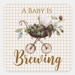Autocollant carré Baby Shower Baby prépare du café