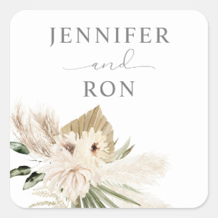 Autocollant Carré Boho Pampas Grass & Beige Floral