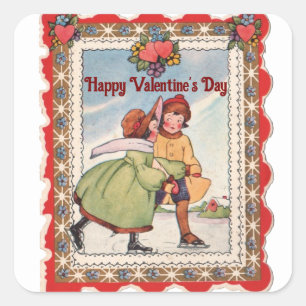 Autocollant carré couple de patineurs vintage