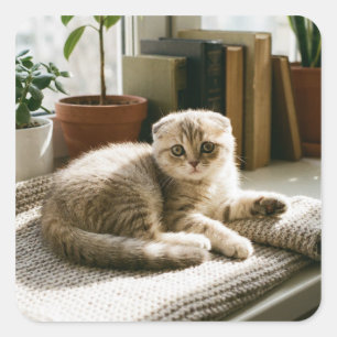 Autocollant carré de chat écossais plié mignon