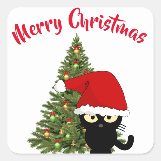 Autocollant carré de chat noir de Noël (Devant)