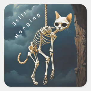 Autocollant carré de chat squelette suspendu