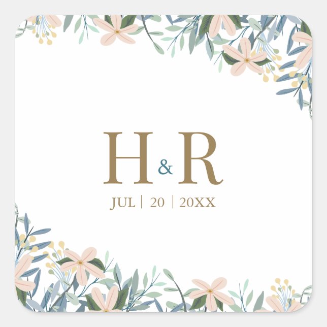 Autocollant carré de date de mariage à monogramme  (Devant)