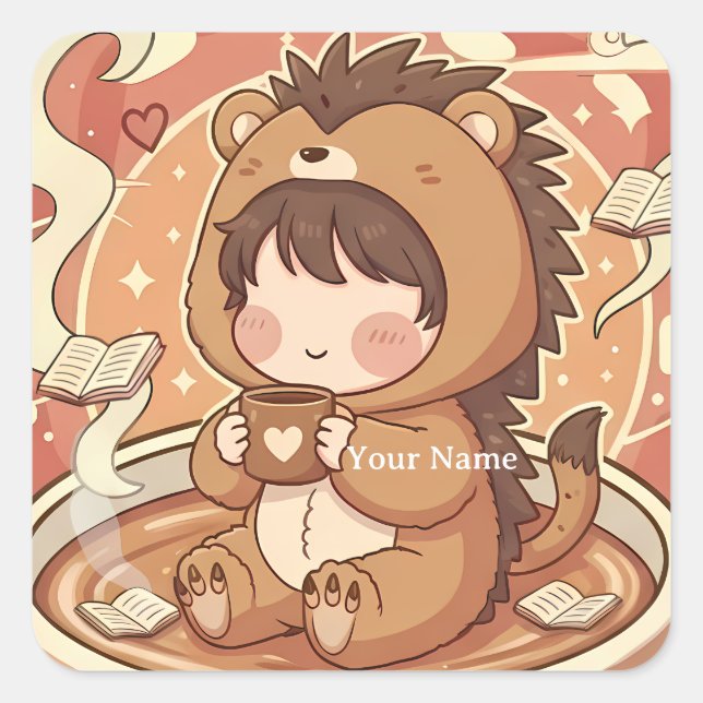Autocollant carré de journal Cozy Hedgehog Coffee (Devant)