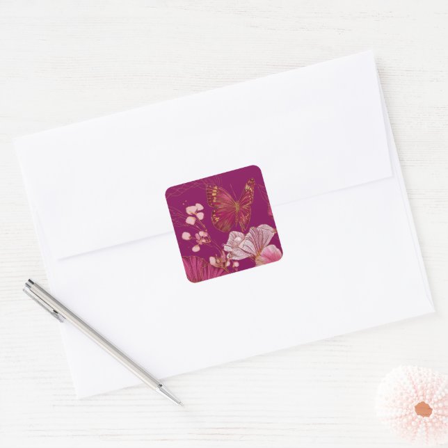 Autocollant carré de la collection Papillon Rose (Enveloppe)