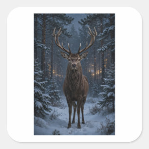 Autocollant carré de la forêt de cerfs en hiver