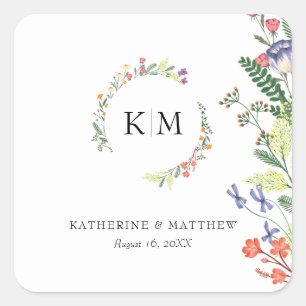 Autocollant carré de mariage à monogramme floral é
