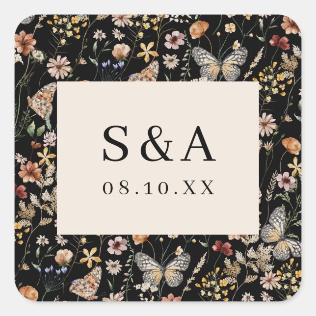 Autocollant carré de mariage floral boho noir (Devant)