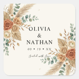 Autocollant carré de mariage floral boho Pampas él