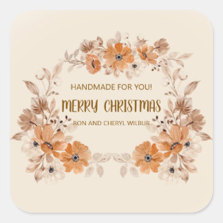 Autocollant carré de Noël floral Boho rustique