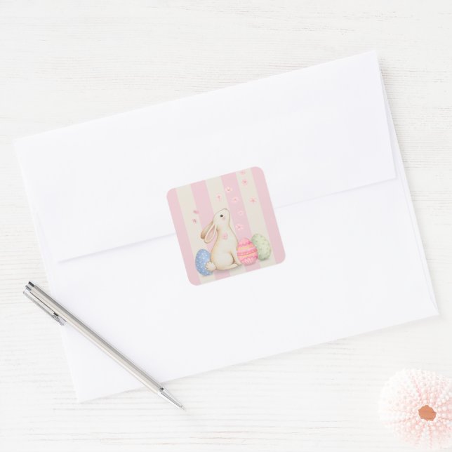 Autocollant carré de Pâques pastel de lapin mignon (Enveloppe)