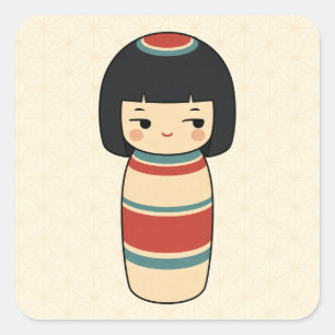 Autocollant carré de poupée Kokeshi regard en coin