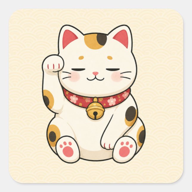Autocollant carré du chat chanceux endormi (Devant)