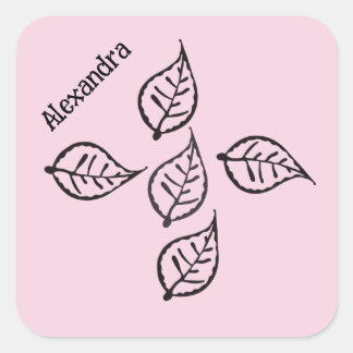Autocollant carré en xylographie de feuilles roses