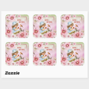 Autocollant carré Fille Florale Vintage Joyeux Ann