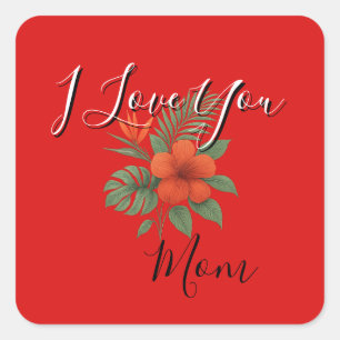 Autocollant carré floral orange - Je t'aime maman
