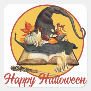 Autocollant carré Halloween Chapeau de sorcière et