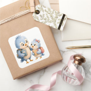 Autocollant carré mignon Frères et sœurs d'oiseau
