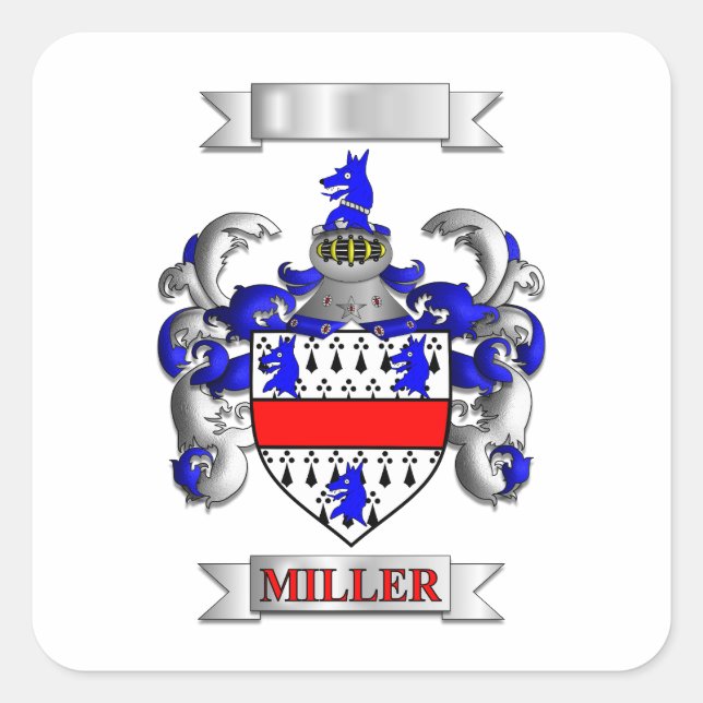 Autocollant carré Nom de famille Miller et blason (Devant)