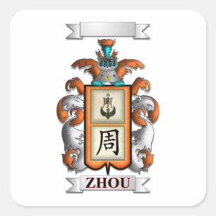 Autocollant carré Nom de famille Zhou et bouclier