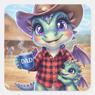 Autocollant carré Papa Dragon Cow-boy Mignon