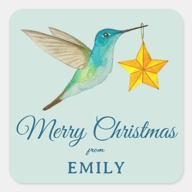 Autocollant carré personnalisé Joyeux Noël colibri (Devant)