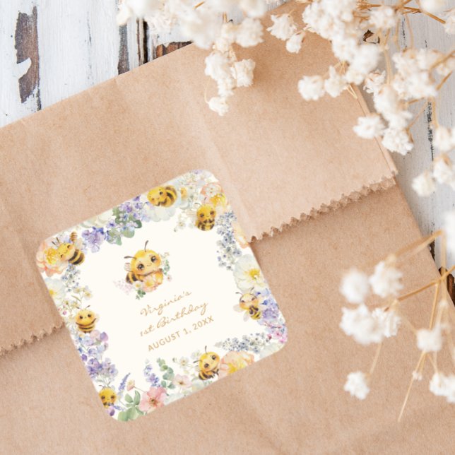 Autocollant carré pour l'anniversaire d'une abeill (Bee Birthday Square Sticker
)