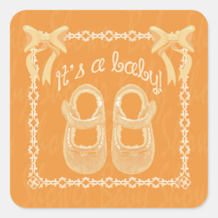 Autocollant carré unisexe orange pour baby shower