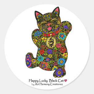 Autocollant chanceux heureux de chat noir