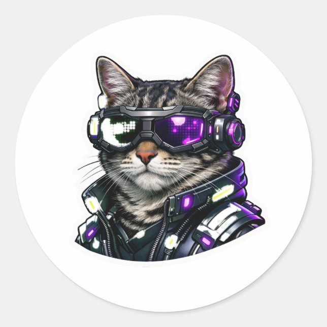 Autocollant Chat Cyberpunk avec Lunettes Neon (Devant)