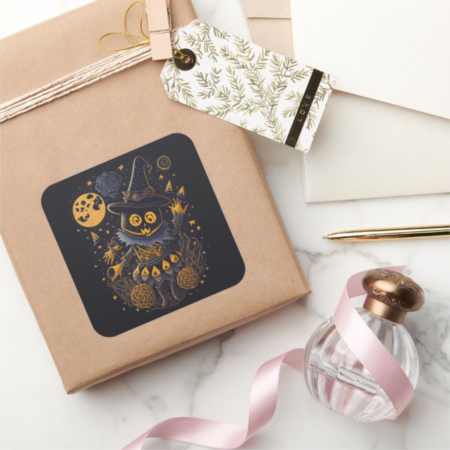 Autocollant Chat Sorcière Doré | Étiquette Hallowe (Cadeaux)