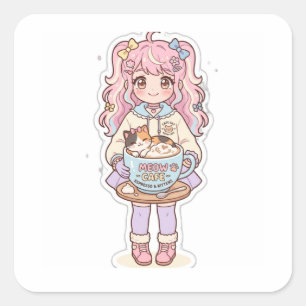 Autocollant Chibi Fille Anime Café Neko Kawaii