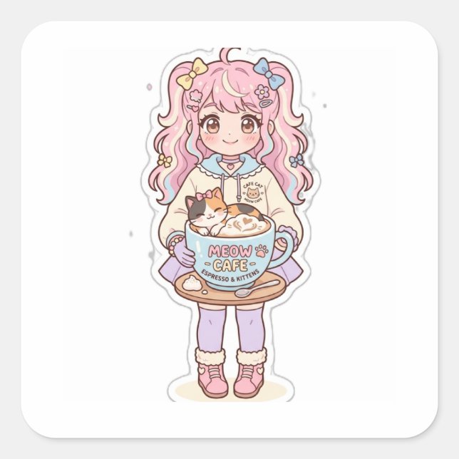 Autocollant Chibi Fille Anime Café Neko Kawaii (Devant)
