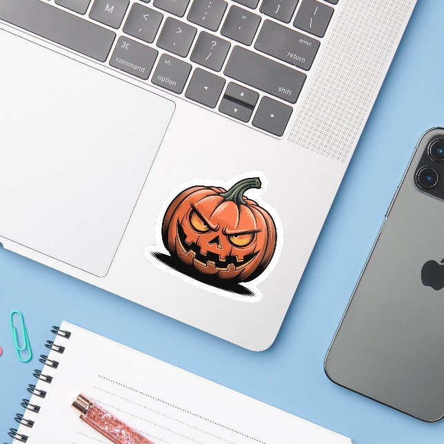 Autocollant Citrouille Grincheuse – Humeur d'Hallo (Ordinateur portable avec iPhone)