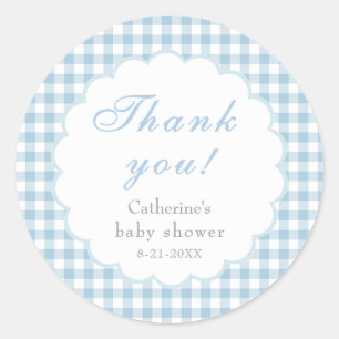 Autocollant classique Baby Shower Bleu Gingham Pou