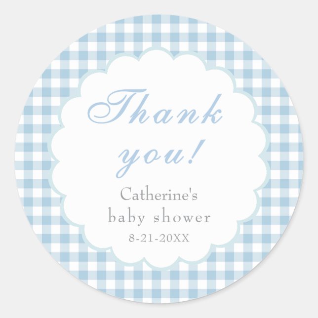 Autocollant classique Baby Shower Bleu Gingham Pou (Devant)