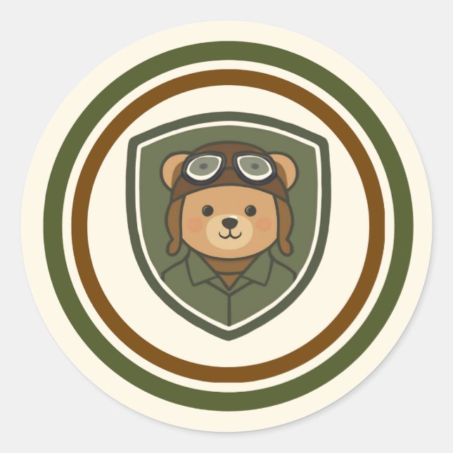 Autocollant Classique Rond Militaire Aviator Bear (Devant)