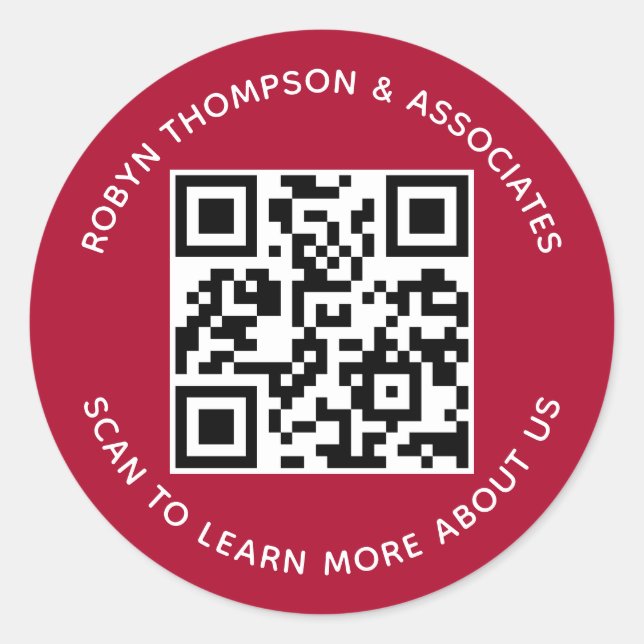 Autocollant Code QR Rouge Foncé Rond Nom de l'Entr (Devant)