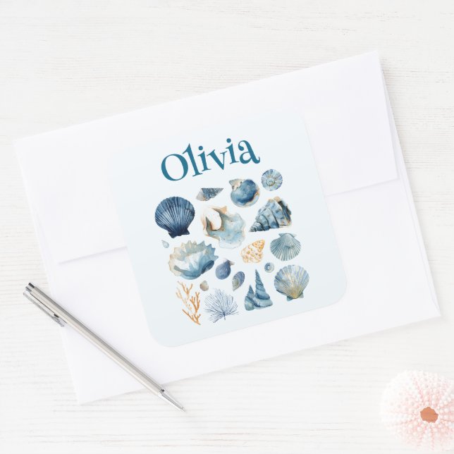 Autocollant Coquillage Bleu | Nom personnalisé (Enveloppe)