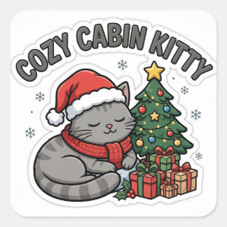 Autocollant Cozy Cabin Kitty — Chat Gris Chapeau d