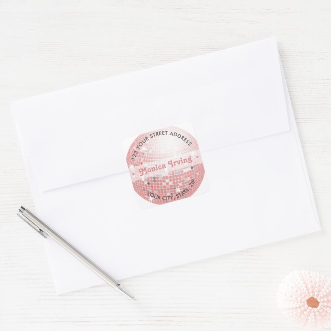 Autocollant d'adresse Rétro Boule Disco Rose Pouss (Enveloppe)