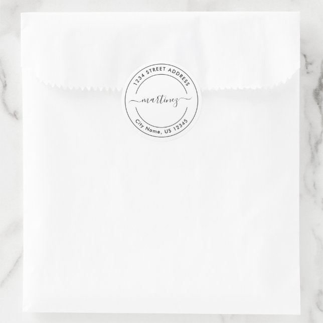 Autocollant d'adresse rond blanc noir minimaliste  (Sac)