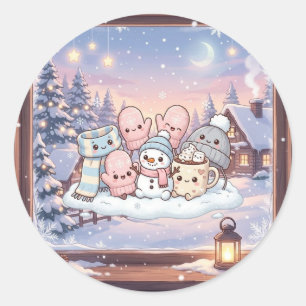 Autocollant d'amis bonhomme de neige d'hiver cosy