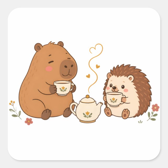 Autocollant d'amis de thé de capybara hérisson mig (Devant)