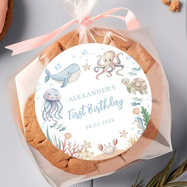 Autocollant d'anniversaire d'animaux de l'océan so (Créateur téléchargé)