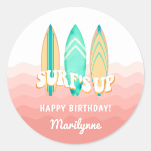 Autocollant d'anniversaire de planche de surf Pink