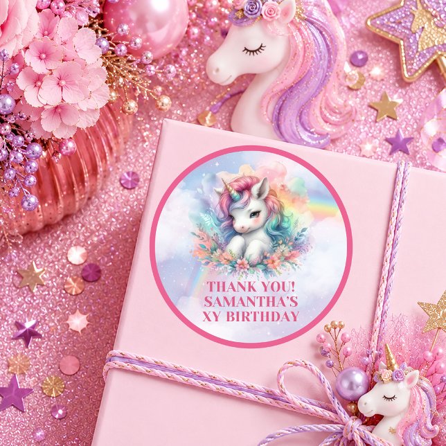 Autocollant d'anniversaire fille licorne rose viol (Sparkly Unicorn Pink Purple Girl Birthday Sticker  )