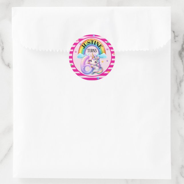 Autocollant d'anniversaire licorne et arc-en-ciel  (Sac)